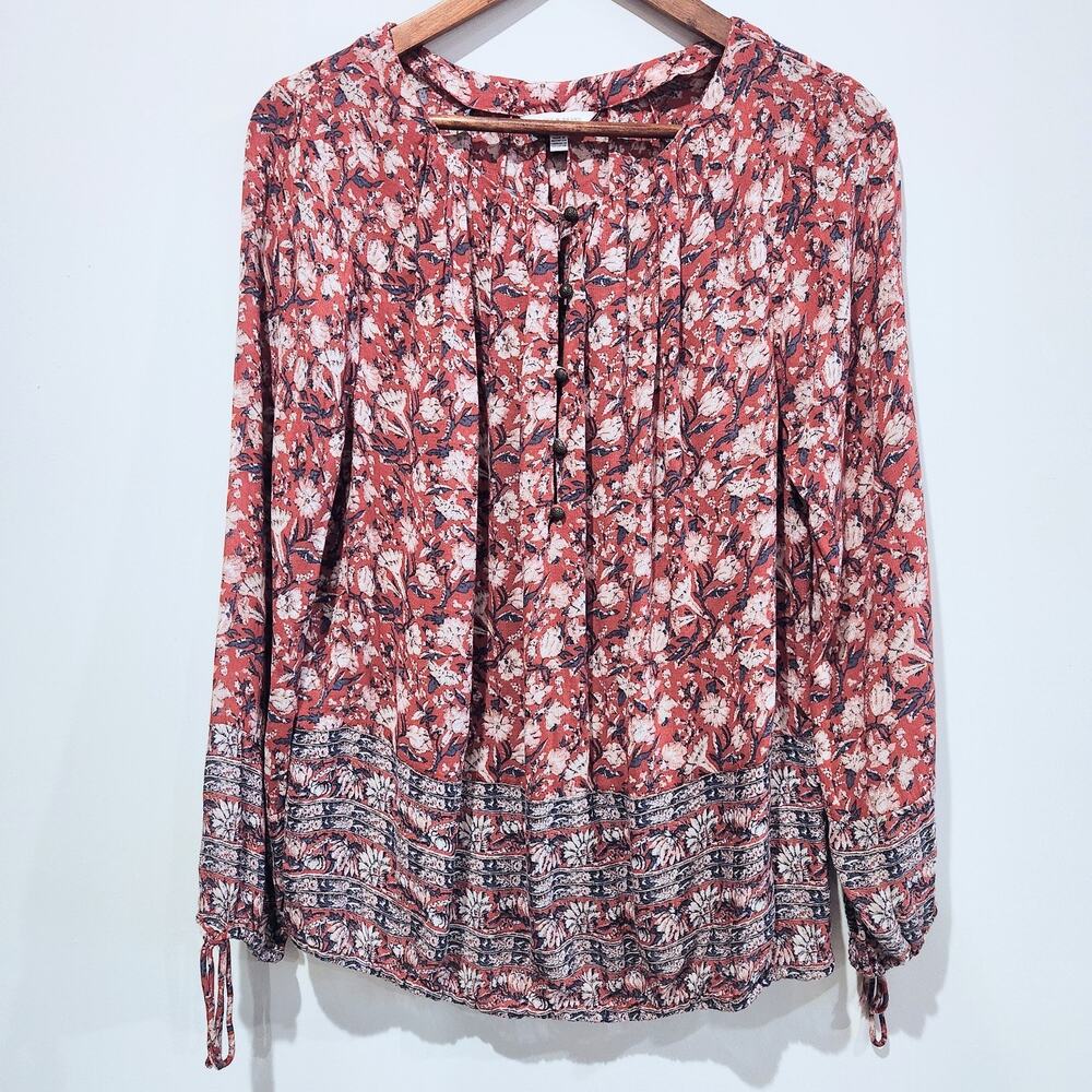 Lucky Brand Womens Red Floral Boho Peasant Blouse Size Medium Hippie Business